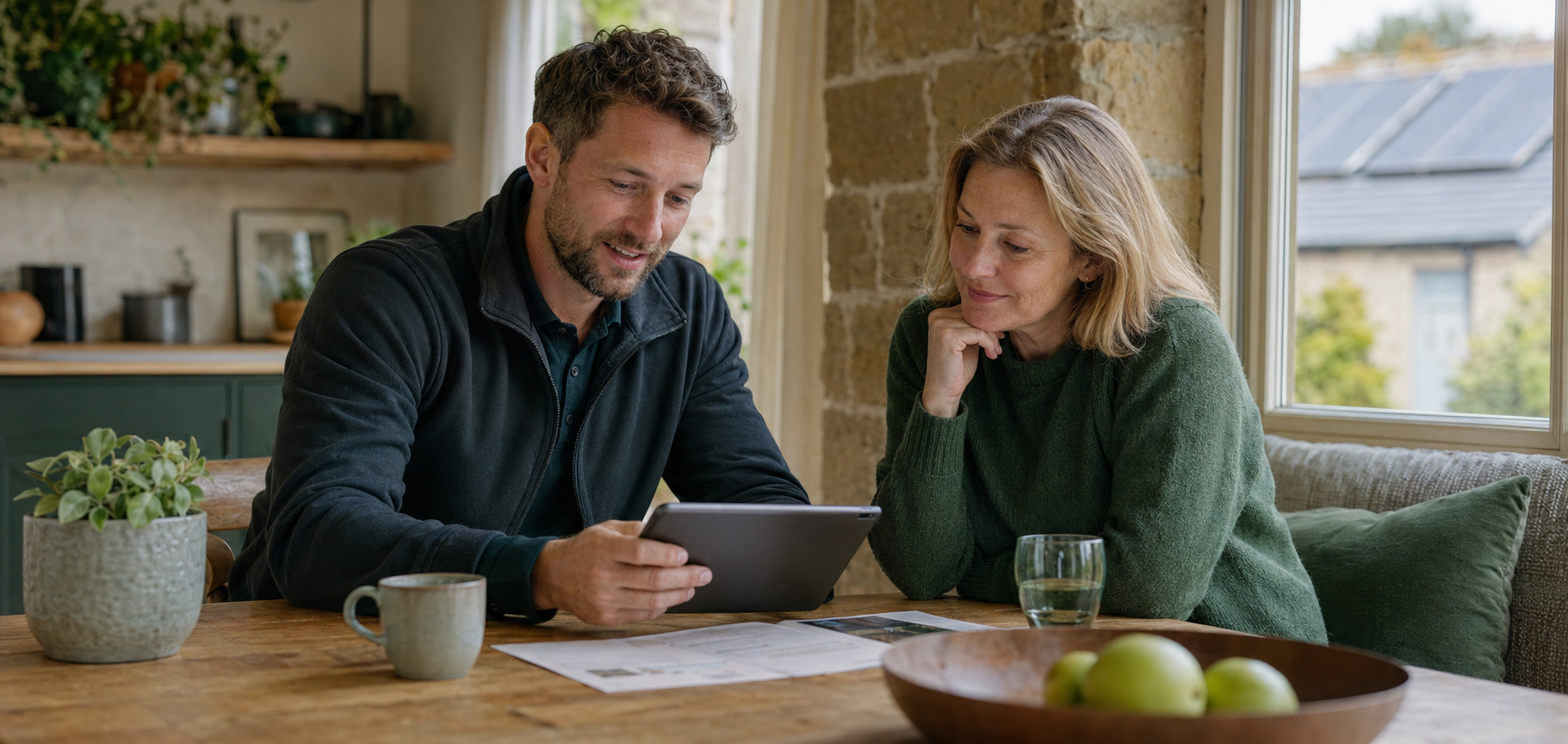 A renewable-energy specialist discussing a tailored project with a homeowner