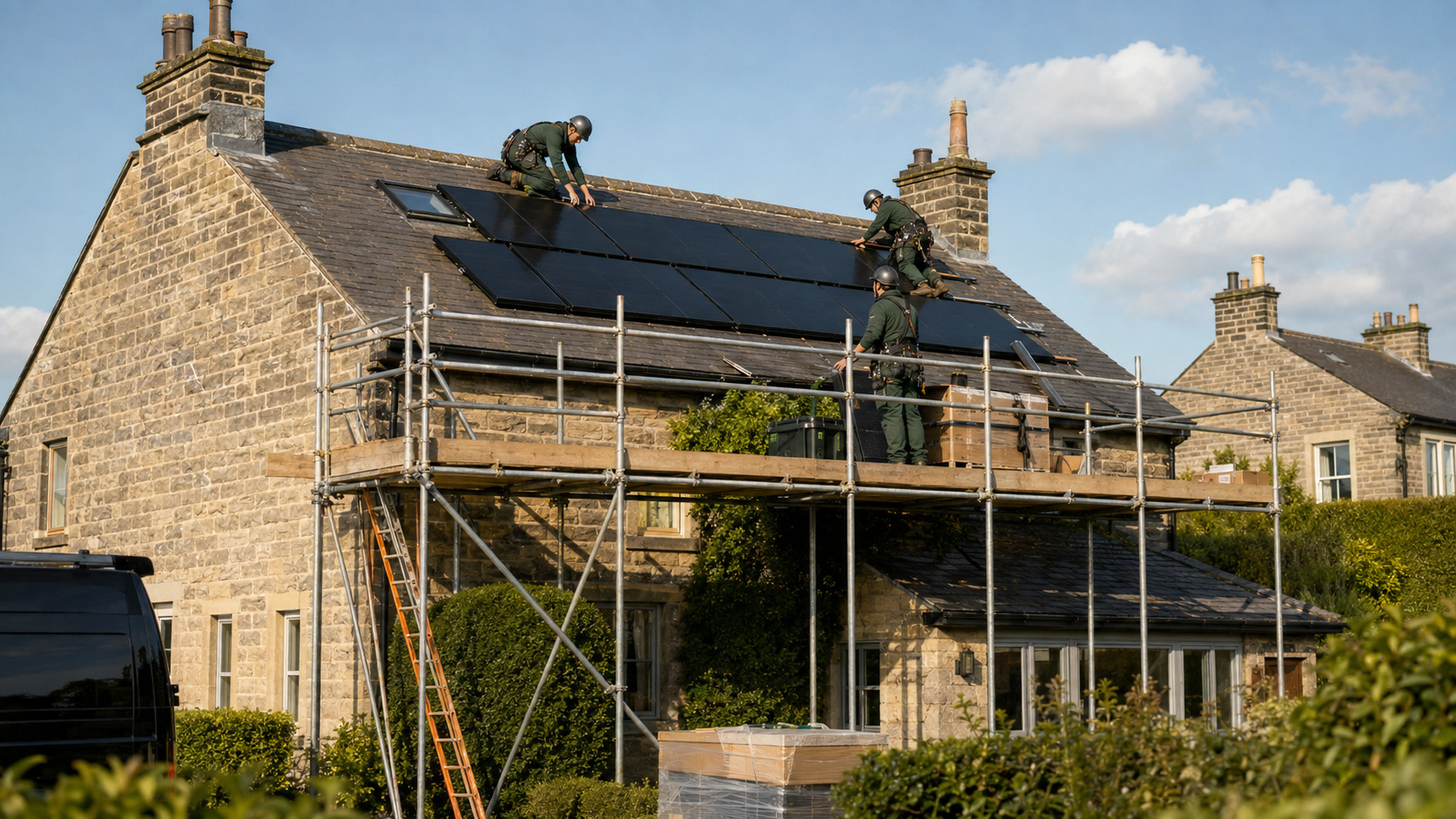 Coordinated scaffolding and renewable energy team at a Yorkshire property